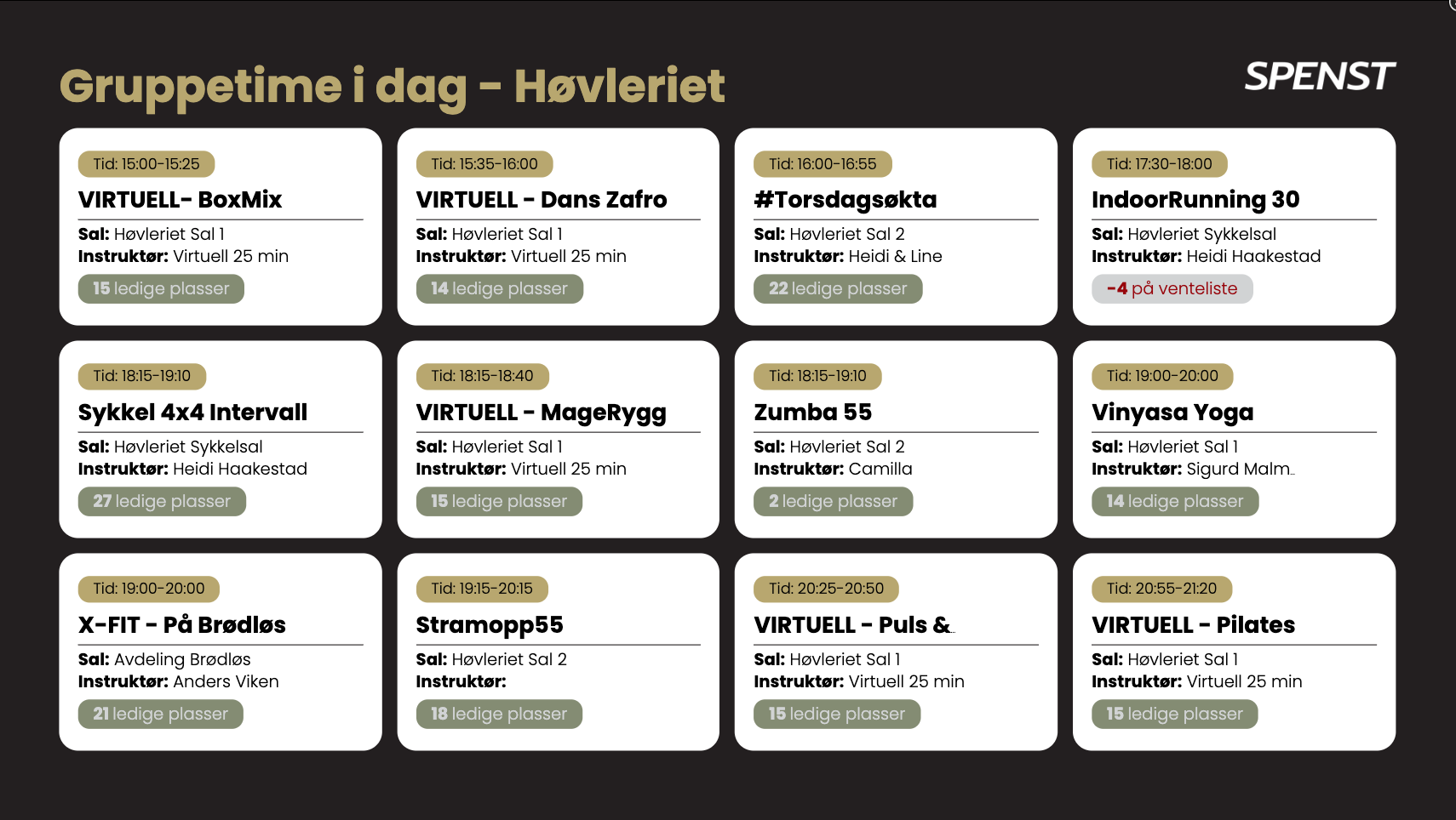 Automatisk gruppetimeoversikt som hele tiden viser kommende gruppetimer på aktuelt senter i dag.