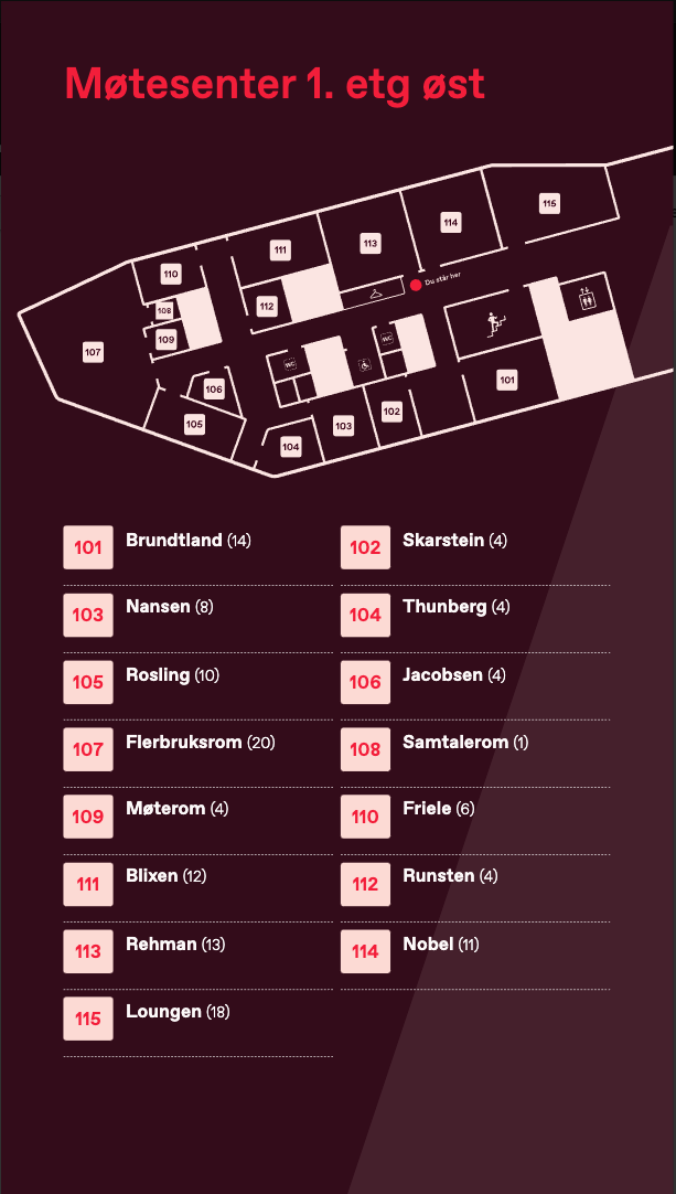 Wayfinding i alle etasjer. Live oppdatert mot møteromskalender og sensorer som indikerer om det er noen i rommet.