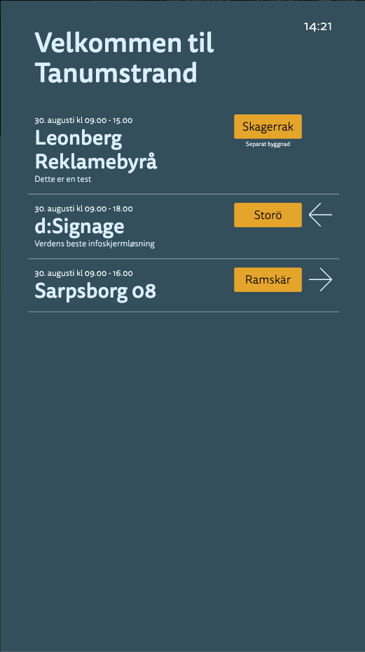 Eksempel på wayfinding ved mange mindre konferanser på samme dag.